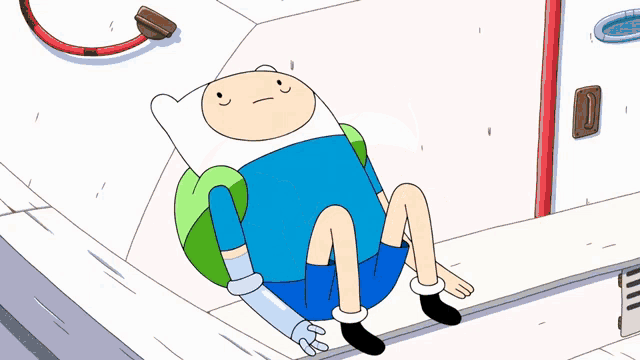 a cartoon character with a backpack on his back is sitting on the floor