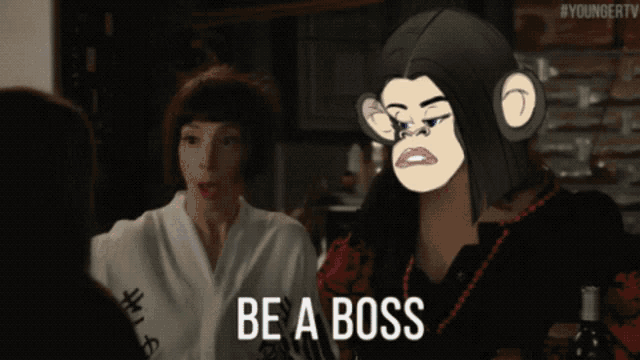 a cartoon of a woman with a monkey on her head says be a boss