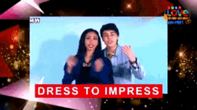 a man and a woman are standing next to each other and the words dress to impress are on the screen