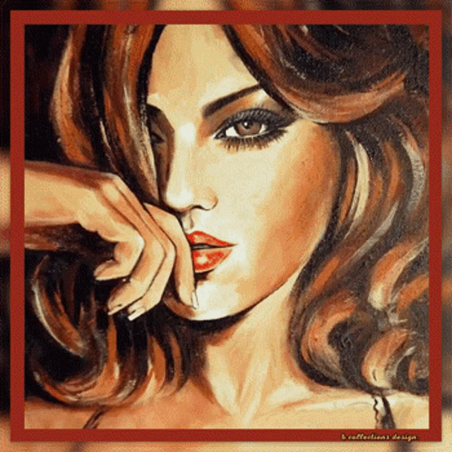 a painting of a woman 's face with a red border and the words b collections design on the bottom