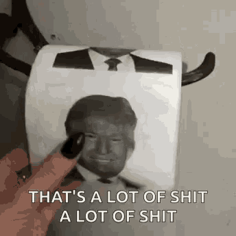 a person is holding a roll of toilet paper with donald trump 's face on it .
