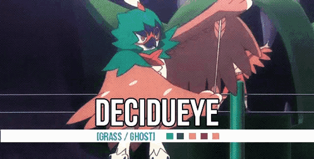 a cartoon of a bird with the name decidueye on the bottom