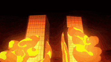 a cartoon drawing of two buildings on fire with smoke coming out of them