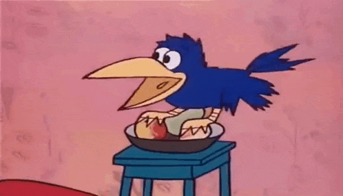 a cartoon bird is sitting on a blue stool eating fruit .