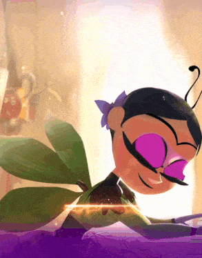 a cartoon character with purple eyes and a mustache has the number 2 on her head