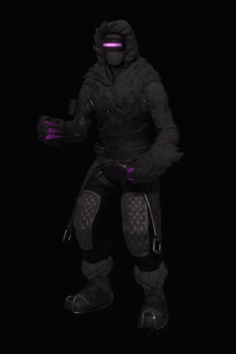 a black figure with purple eyes and a hood