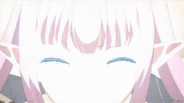 a close up of a pink haired anime character with omake gif anime written below her