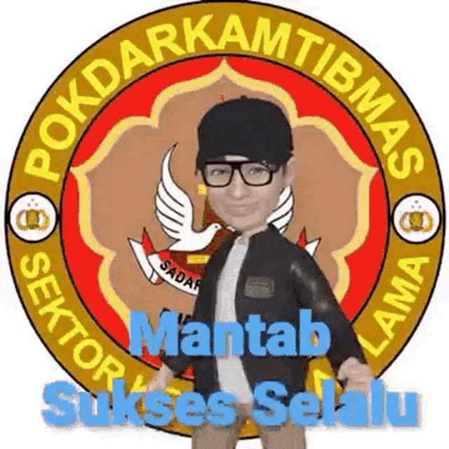 a man wearing glasses and a black jacket is standing in front of a logo that says pokandarkamtibmas .
