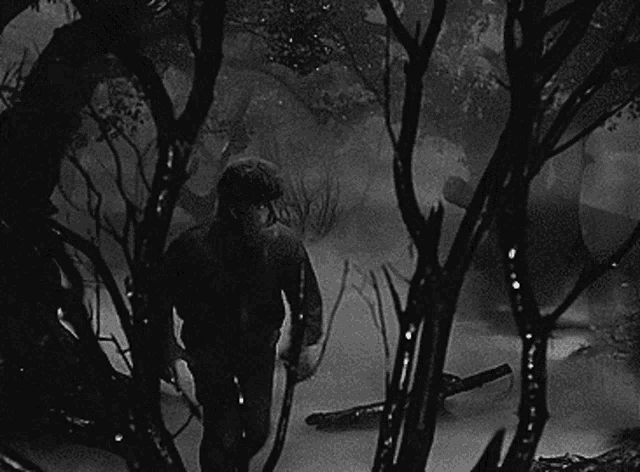 a black and white photo of a man walking through the woods