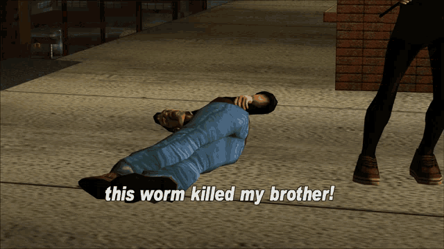 a man laying on the ground with the words " this worm killed my brother "