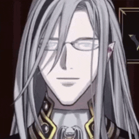 a man with long white hair and glasses is wearing a black and gold suit .