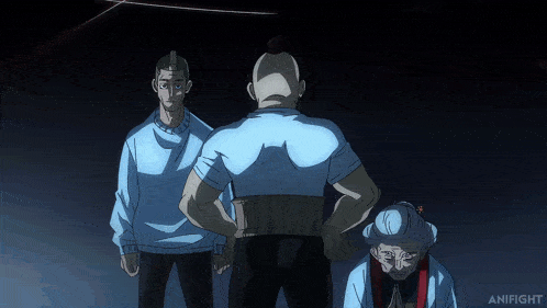 a group of men are standing in a dark room and the word anifight is on the bottom of the screen