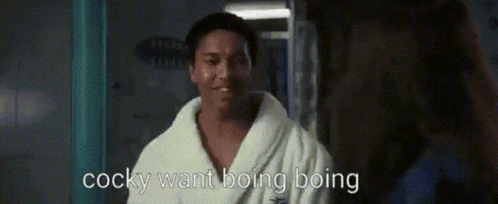 a man in a bathrobe is talking to a woman and the words cocky want boing boing are visible