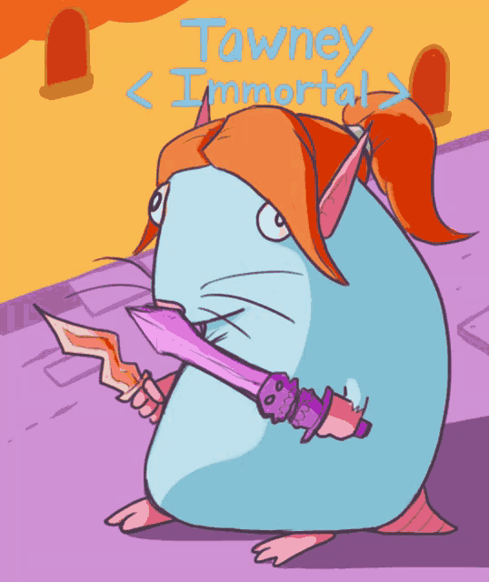 a cartoon character named tawney immortal is holding a sword and a knife