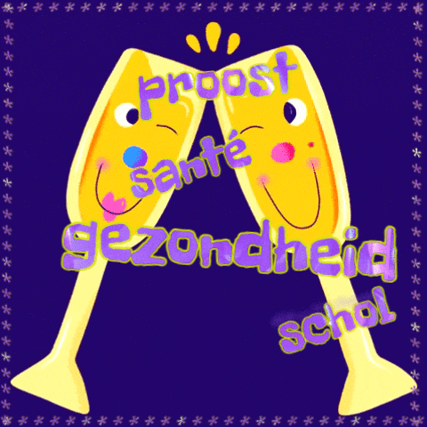a purple background with two glasses of champagne and the words proost sante gezondheid schol