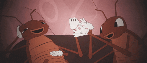 two cartoon ants are playing with each other in front of a pink background with the letters % on it