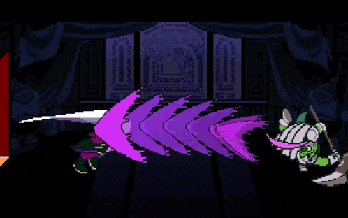 a pixel art of a person holding a sword in a room with a purple background .