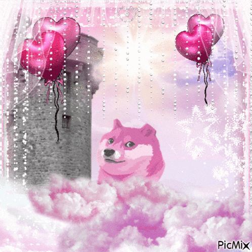 a picture of a dog in the clouds with balloons in the shape of hearts by picmix