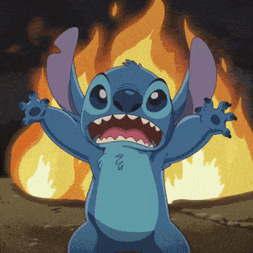 a cartoon of stitch standing in front of a fire with his mouth open