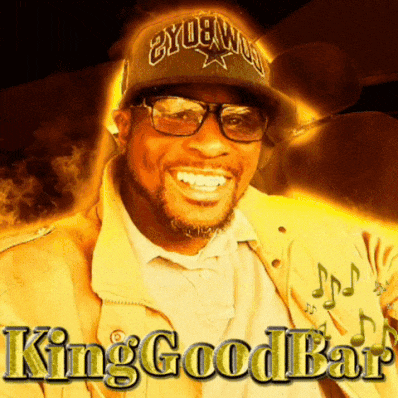 a man wearing sunglasses and a hat with the word king good bar on it