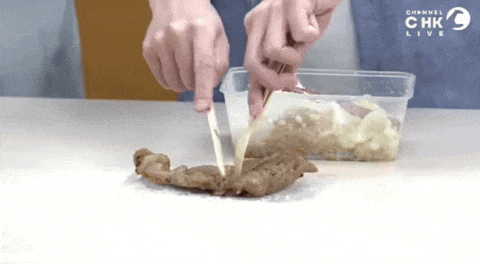 a person is cutting a piece of meat with a knife in a plastic container on a table .