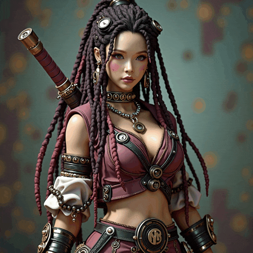 a woman with dreadlocks is holding a sword and has a nb belt around her waist