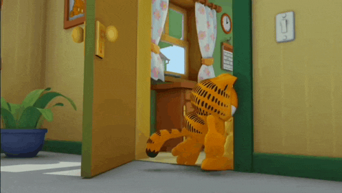 a cartoon character named garfield is standing in a room