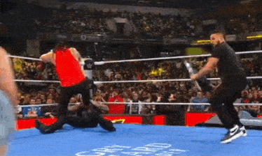 a man in a red tank top is wrestling another man in a ring .