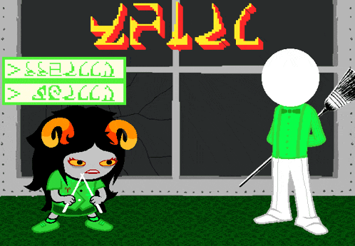 a cartoon of a man and a girl standing in front of a window with the word valc on it