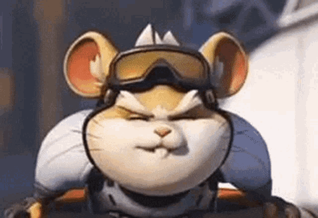 a cartoon mouse is wearing a helmet and goggles and making a funny face .