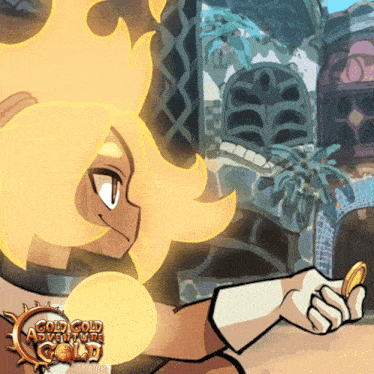 a cartoon of a woman holding a coin with gold gold adventure gold written on the bottom right