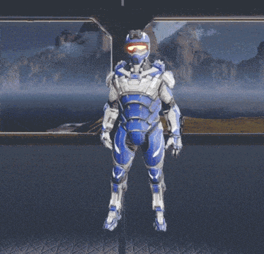 a video game character in a blue and white suit