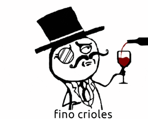 a man with a top hat and mustache is pouring a glass of wine with the words fino crioles below him