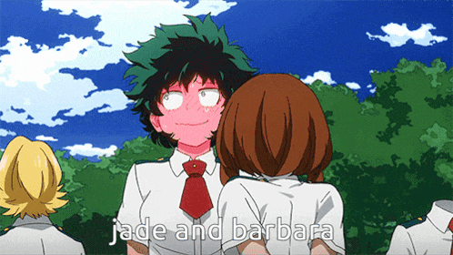 jade and barbara are standing next to each other in an anime scene