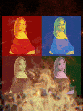 four different colored portraits of a woman are displayed