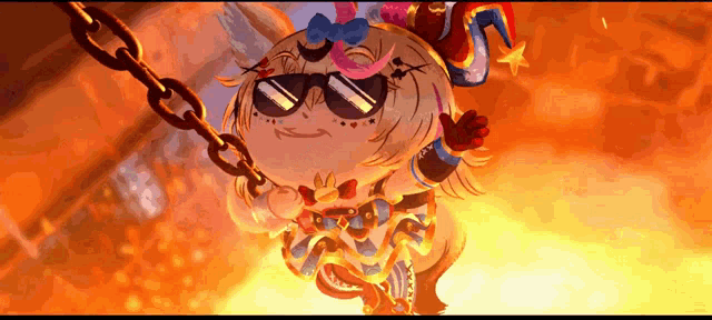 a cartoon character wearing sunglasses is chained to a fire .