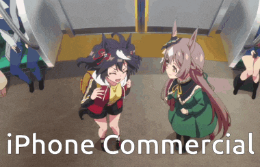 two anime girls standing next to each other with the words iphone commercial on the bottom right