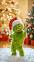a grinch doll is wearing a santa hat and standing in front of a christmas tree .