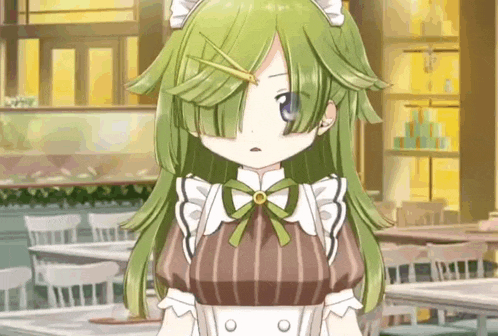 a girl with green hair is wearing a maid outfit and a clock on her head .
