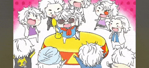 a group of cartoon characters are standing around a man in a circle .