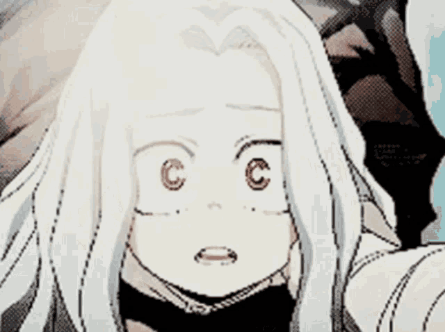 a close up of a cartoon character with white hair and a shocked look on her face .