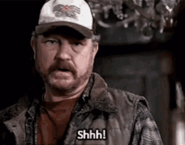 a man with a beard is wearing a baseball cap and a plaid vest and says shhh .