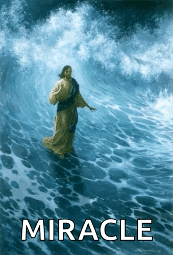 a painting of jesus walking through a wave with the word miracle underneath