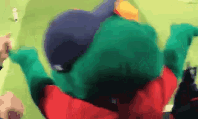 a person in a green frog costume is laying on the ground