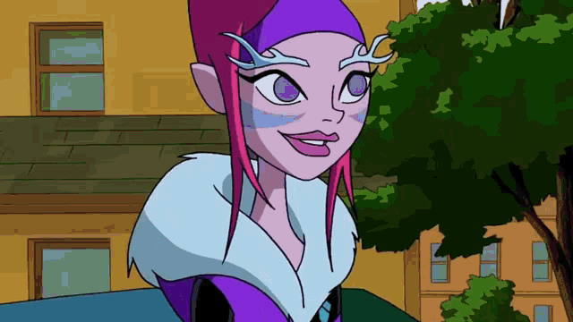 a cartoon character with purple hair and a purple hat