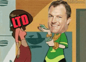 a cartoon of a man holding money and a woman with ltd on her head