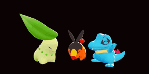 three cartoon pokemon are standing next to each other on a dark background