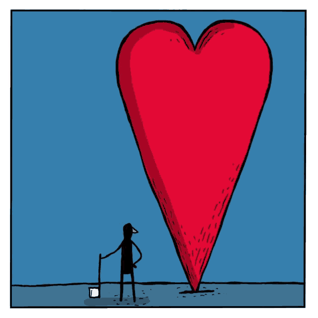 a cartoon of a man with a cane standing next to a large heart