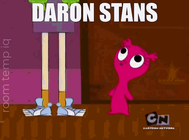 a cartoon character named baron stans is standing next to a pink monster