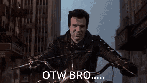 a man in a leather jacket is riding a motorcycle with the words otw bro written on it
